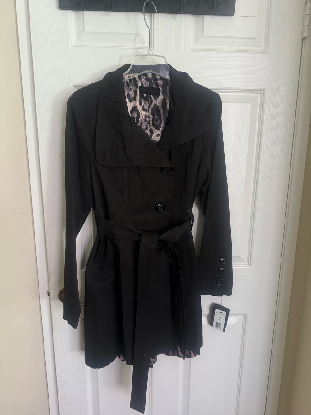 Steve Madden Womens Black Trench Coat with Belt and pleated skirt back.